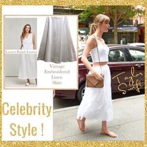 Vintage Lauren Ralph Lauren Skirt Embroidered Eyelet Linen Cotton MIDI Size 10